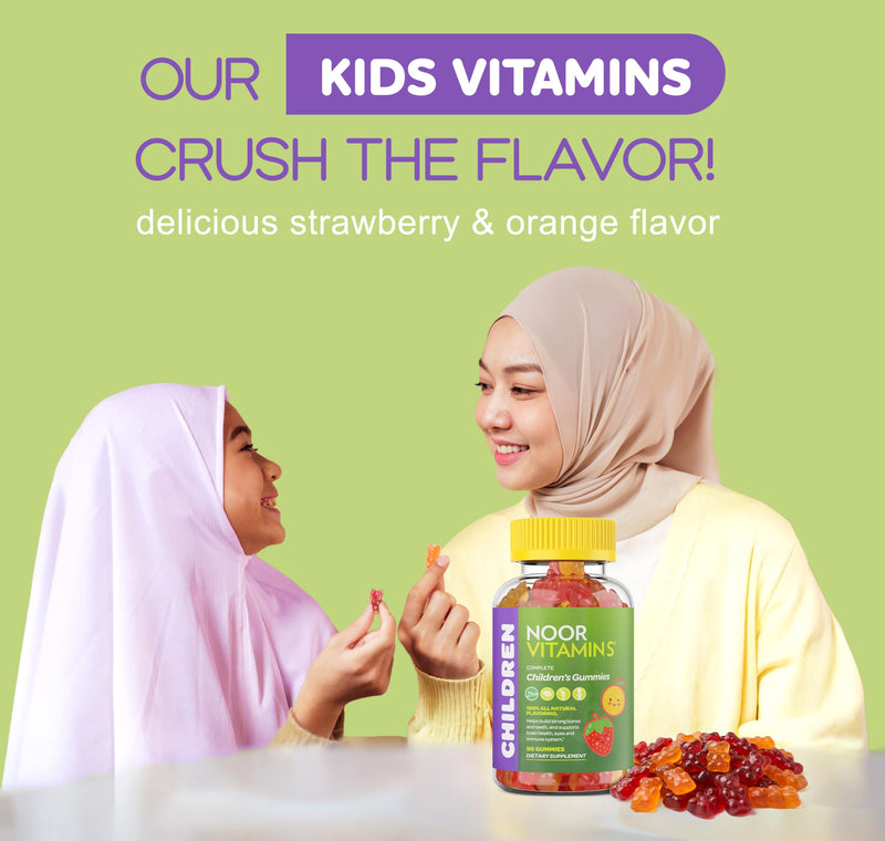 Noor Vitamins Halal Vitamins, Kids Vitamins, Kids Multivitamin Gummies: Vitamin C for Kids, D3, and Zinc for Immunity, B6 B12 for Energy. Gluten Free Halal Gummies, 90 Count Gummy Vitamins for Kid Multivitamins