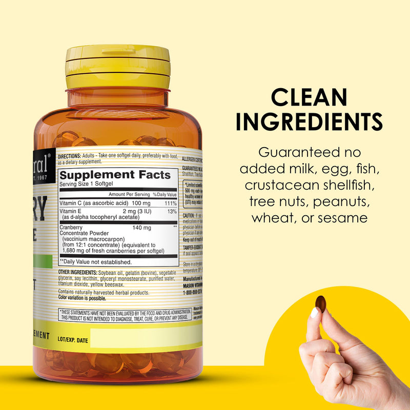 MASON NATURAL Cranberry 12:1 Concentrate with Vitamin C & E, Supports Immune & Urinary Health, 90 Capsules