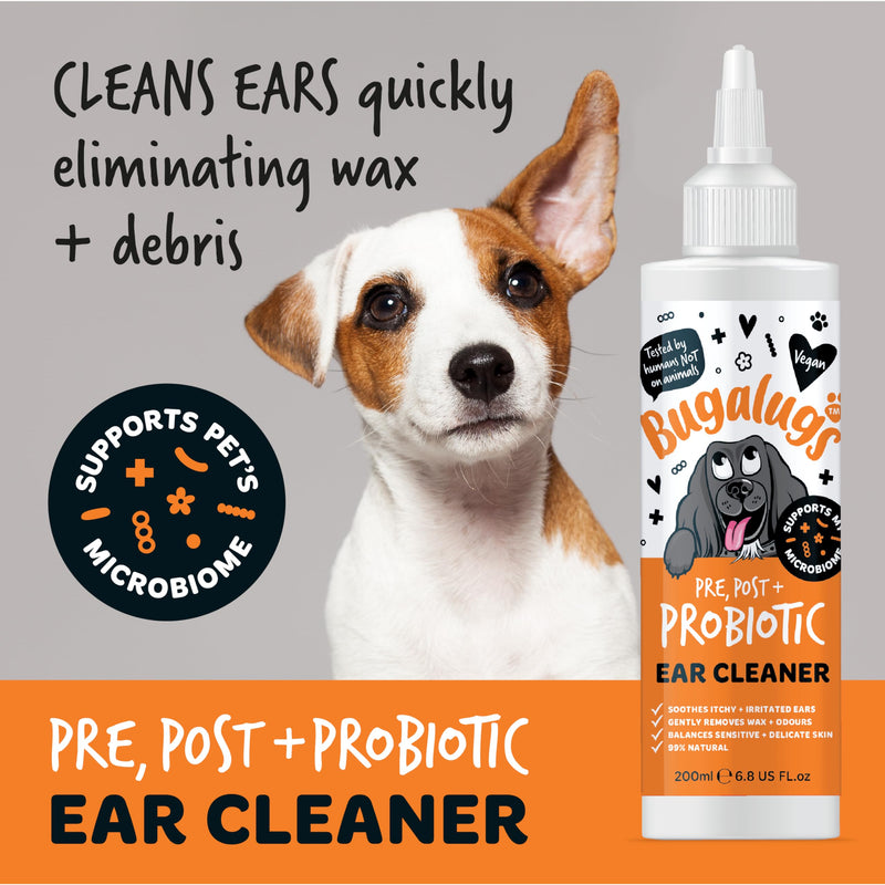 BUGALUGS Dog Ear Cleaner with Pro, Pre and Probiotics for dogs that helps soothe itchy ears, remove wax and odours plus dog ear drops support your dogs Microbiome (Probiotic Ear Cleaner 200ml) Probiotic Ear Cleaner 200ml