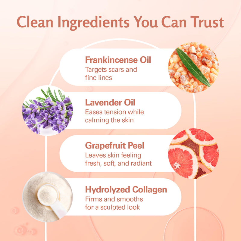Frankincense Essential Massage Oil for Scars, Stretch Marks & Fine Lines, Firming, Hydrating, Smoothing & Calming Formula with Collagen, Stem Cells, Lavender & Grapefruit, 8 fl oz, by M3 Frankincense Massage Oil 8 fl oz