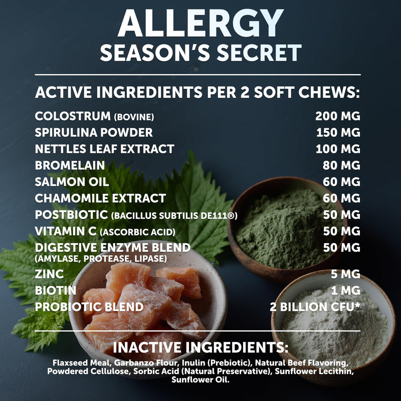 Dog Allergy Chews - Itchy Skin Relief for Dogs - 120 Chewable Soft Treats with Colostrum and Probiotics- Seasonal Allergies - Skin and Coat, Anti Itch, Hot Spots - Dog Allergy Relief Supplement 120 Allergy Support Chews