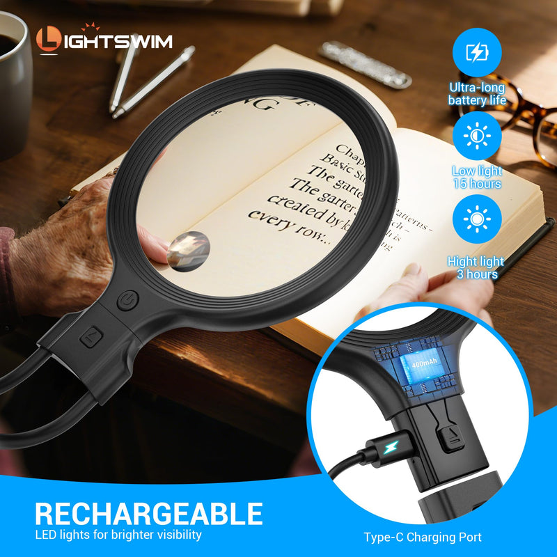 Neck Wear Magnifying Glass with Light for Close Work, 5.5 Inch 5X Handheld Lighted Magnifier for Reading Books, Included 2PCS Upgrade 10X Small Magnify Glasses with Protective Sheath