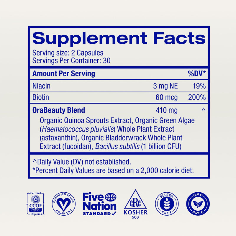 Ora Organic Hair, Skin, and Nails Support- Beyoutiful - Beauty Supplement with B Vitamins and Biotin for Healthy Hair, Niacin for Skin Health - 60 Vegan Capsules Beyoutiful (30 servings)