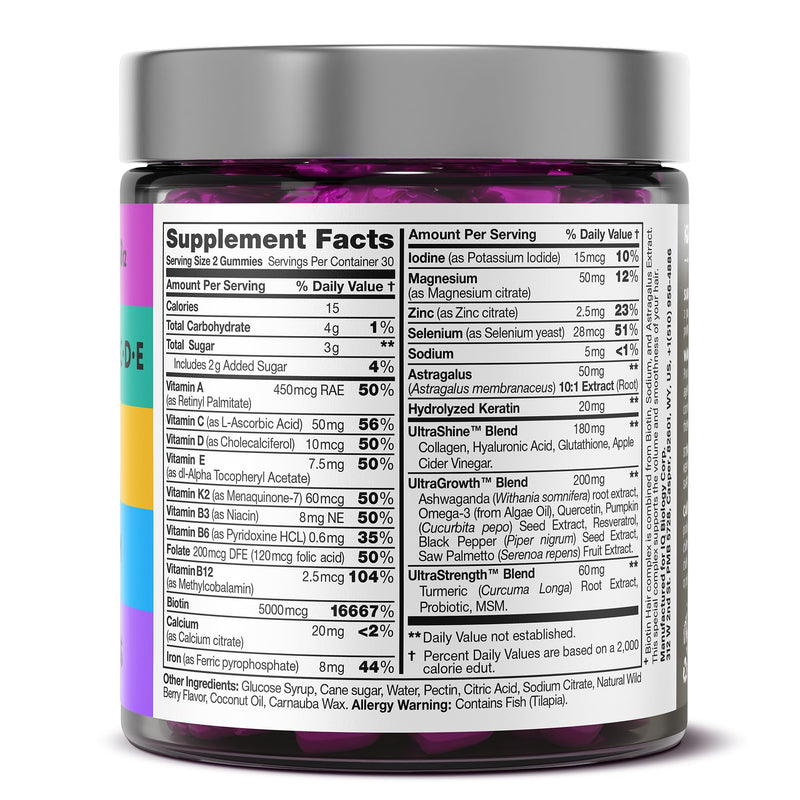 Hair Skin and Nails Gummies with Biotin Collagen Keratin Astragalus - Hair Growth Supplement & Hair Vitamins for Hair Loss for Women & Men, Hair Skin and Nails Multivitamin B7 Gummies, 60 Gummy Bears 60 Count (Pack of 1) - BeesActive Australia