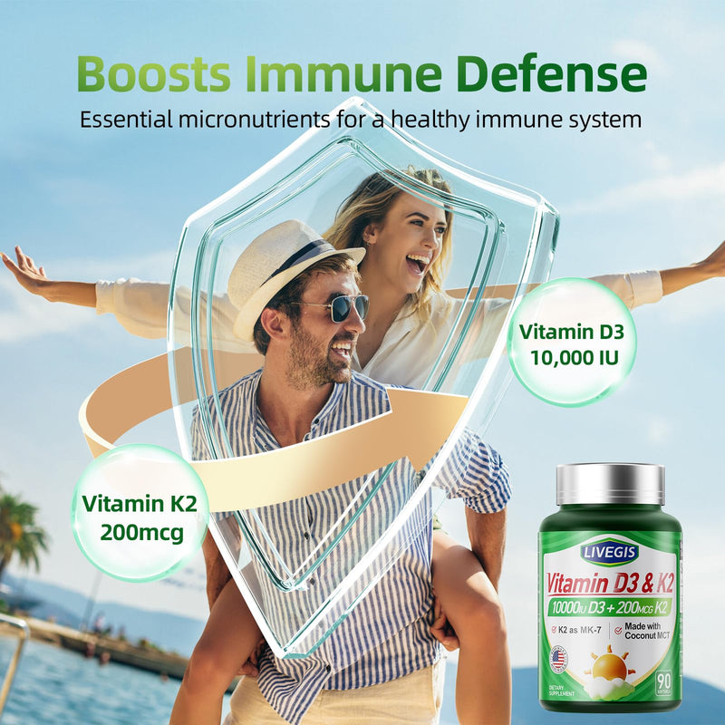 Vitamin D3 K2 10000 lU with NSF Certified for Immune System | K2 MK-7 200mcg, 90 mini softgels, supports immune, digestion & bone health, higher absorption, non-GMO, 3rd-party tested 90 Count (Pack of 1)