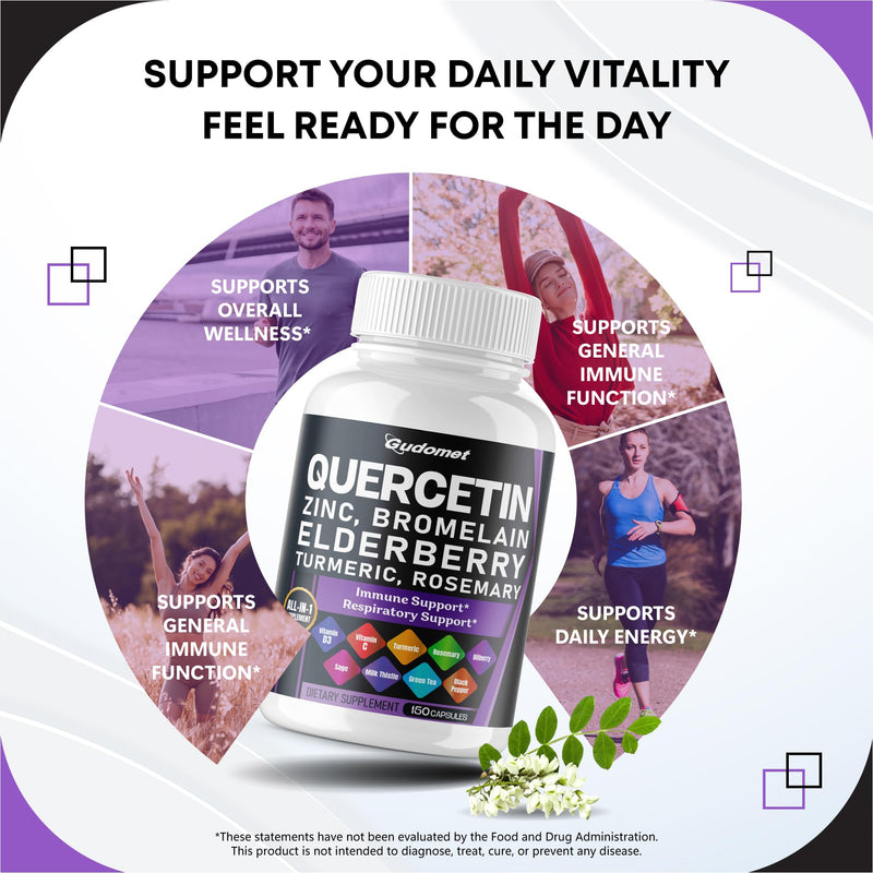 Quercetin Bromelain Zinc Vitamin D3 Elderberry Turmeric Rosemary Bilberry Sage Odorless Garlic Green Tea Milk Thistle Oregano -150 Capsules 150 count (pack of 1)