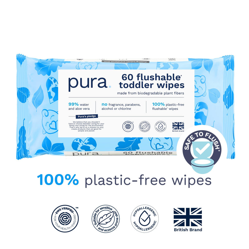 Pura Flushable Toddler Wipes 1 x 60 Wipes, 100% Plastic Free, 99% Water, Hypoallergenic & Fragrance Free, Totally Chlorine Free, Kids Toilet Wipes, Sensitive Skin 60 Count (Pack of 1) - BeesActive Australia
