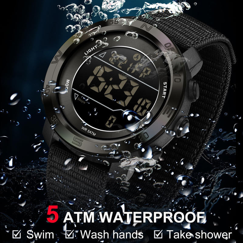 findtime Mens Digital Sport Watch Pedometer Step Counter Watches Military Minimalist Waterproof Tactical Outdoor Army Wrist Watch Dual Time Led Countdown Stopwatch Alarms Nylon Strap, No App Black