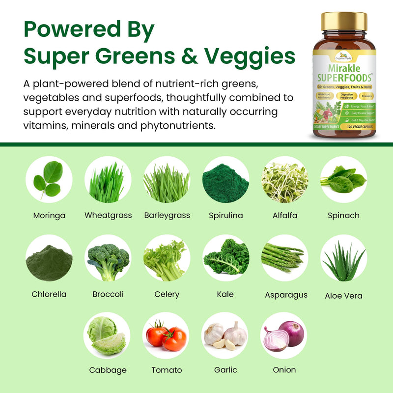 Organic Veda Mixed Greens Veggies Super Fruits Antioxidants Supplement with Digestive Pre & Probiotics - Mirakle Superfoods 40+ Organic Whole Food Nutrients, Vitamin C, Resveratrol - 120 Capsules