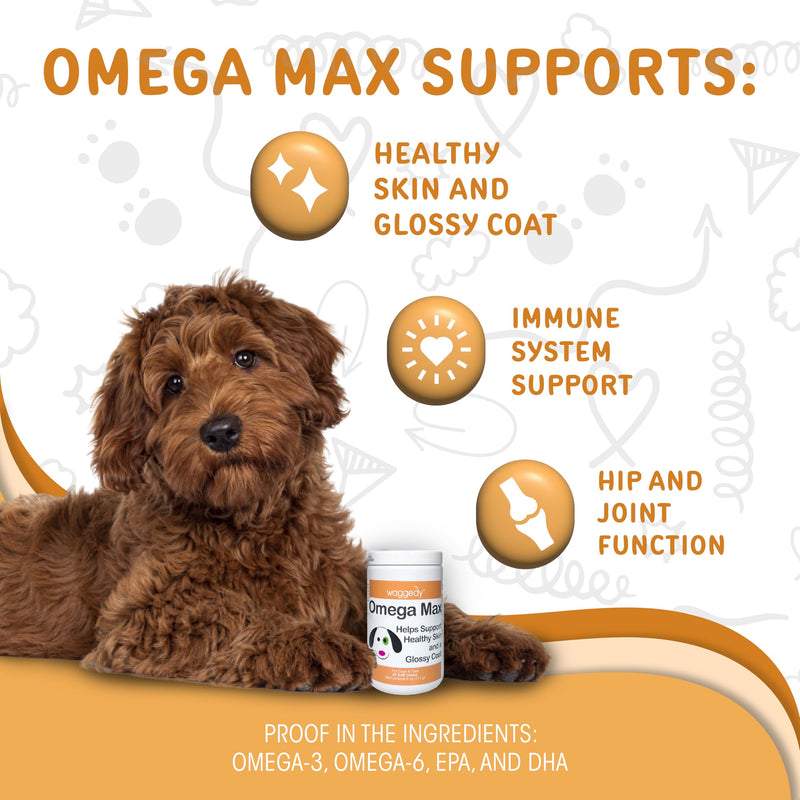 waggedy Omega Max Chews for Dogs with Salmon Oil & Flaxseed — Dog Essentials for Shiny Coats & Healthy Skin — Dog Supplements & Vitamins (60 Chews) Skin and Coat Supplement 60 Count
