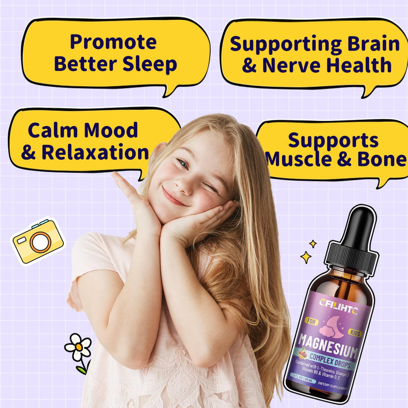 Kids Magnesium Liquid Drops-Magnesium Glycinate Liquid for Kids Supplement-w/L-theanine, Omega-3, Vitamin B6, D3 - for Sleep, Relaxation, Brain, Bones - Cherry Flavor, 2 Fl Oz 2 Fl Oz (Pack of 1)