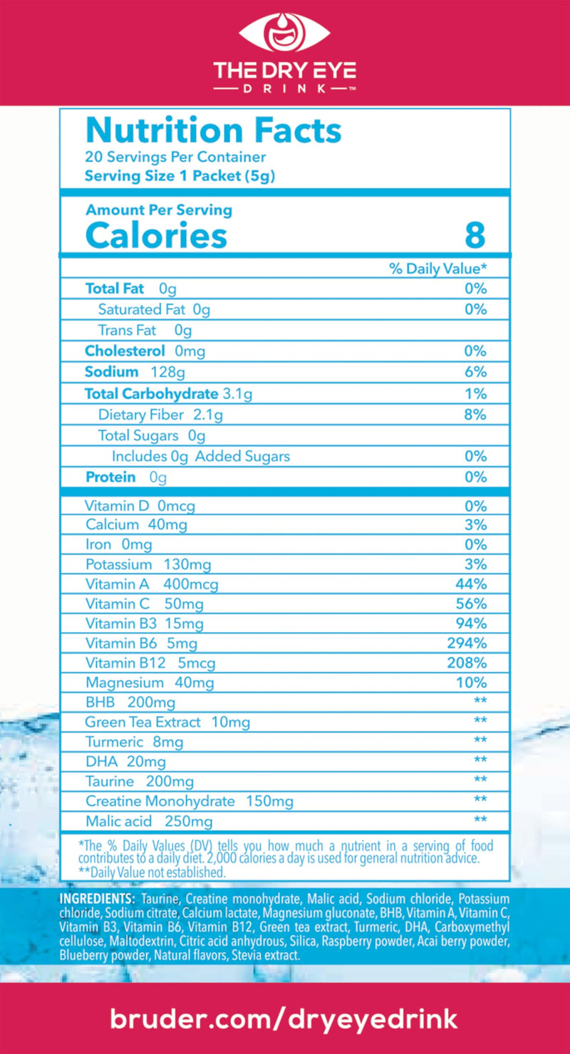 l Ultimate Hydration for Dry Eyes l Sugar-Free Electrolyte Powder Packets l Blended with Vitamins, Green Tea, Turmeric, Taurine, and DHA l 5g x 20 Packets (Mixed Berry) Mixed Berries