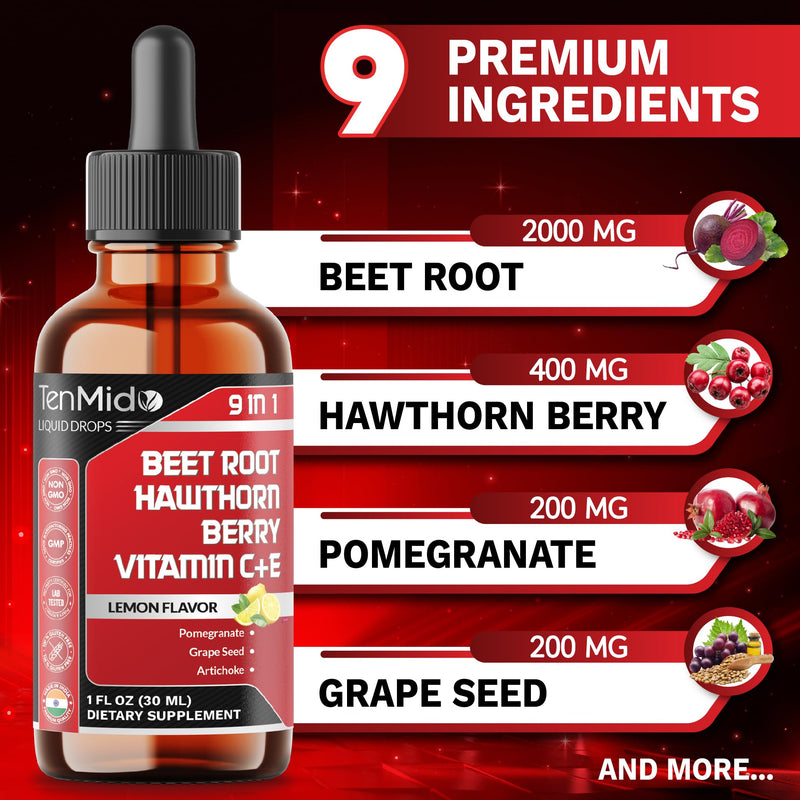 9in1 Beet Root Extract Liquid Drops with Vitamin C, Vitamin E, Hawthorn Berry, Pomegranate, Grape Seed, Artichoke, Magnesium Glycinate, and Black Pepper - 30ml 1 Fl Oz