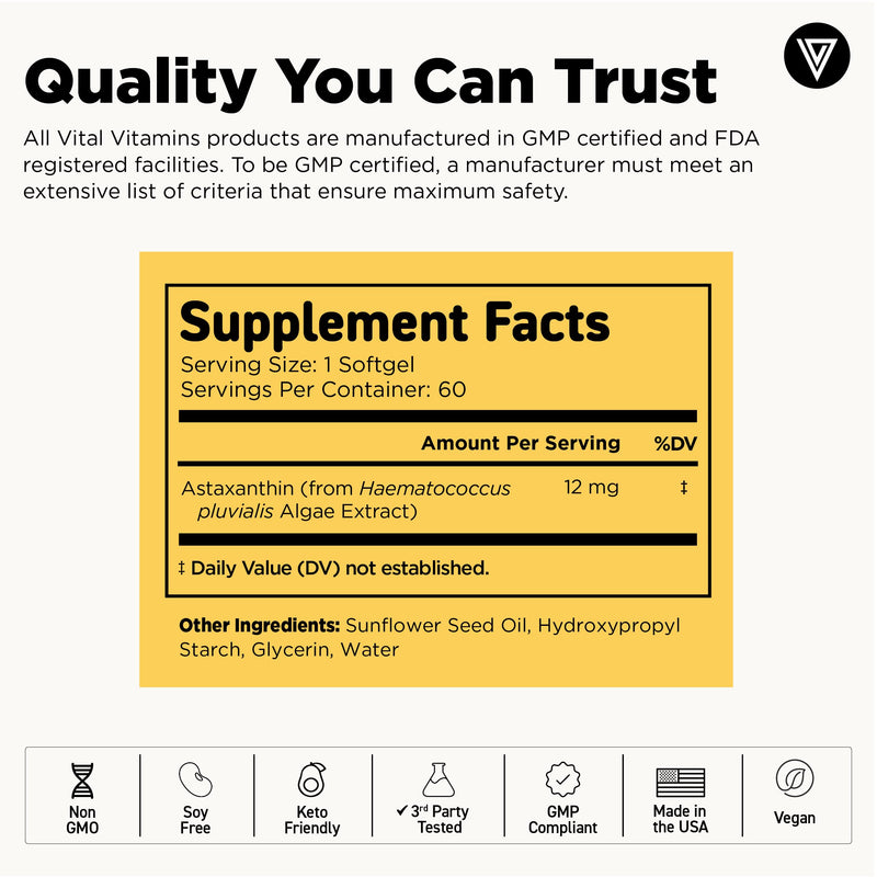 Vital Vitamins Astaxanthin 12mg Softgels for Skin Hydration & Elasticity | Natural Astaxanthin from Microalgae, Antioxidant Protection for Skin, Eyes & Exercise Recovery, Vegan, 60 Softgels