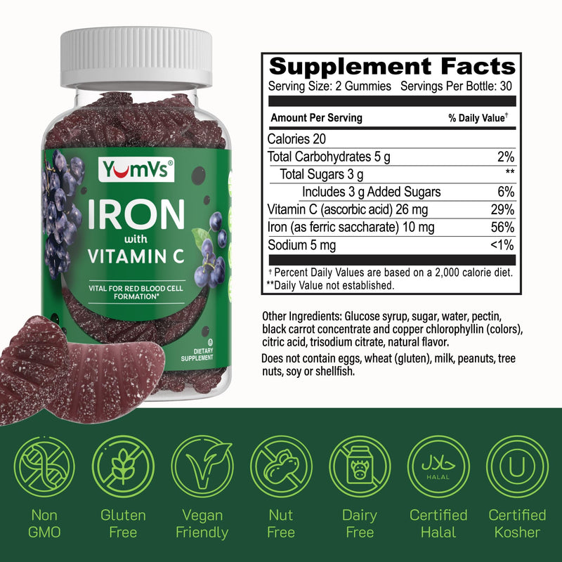 Iron Gummies Supplement with Vitamin C – 10 mg Iron Supplement – Great-Tasting Gummies Grape Flavor – Supports Immune Health & Helps with Iron Deficiency – Vegan, Kosher, Non-GMO – 60 Count 60 Count (Pack of 1)