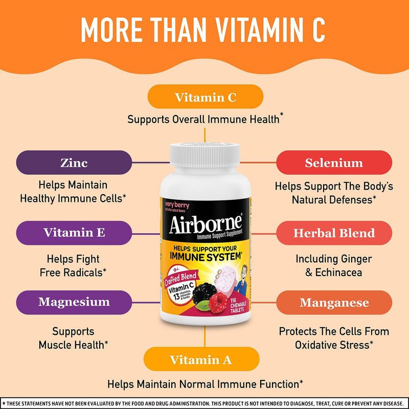 Airborne 1000mg Vitamin C with Zinc, Immune Support Supplement with Powerful Antioxidants Vitamins A C & E - 116 Chewable Tablets, Very Berry Flavor 116 Count - BeesActive Australia