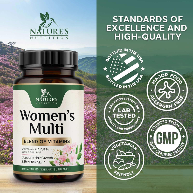 Multivitamin for Women - Complete Multi Vitamin with Vitamins A, C, D, E, B6, B12, Zinc, Calcium & Magnesium, Womens Daily Multimineral Supplement for Hair Skin and Nails Health Support - 60 Capsules 60 Count (Pack of 1)