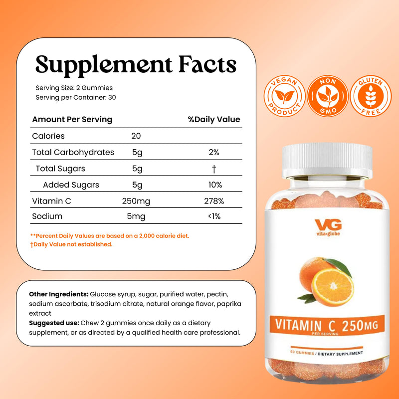 VITA GLOBE Vitamin C 250mg Gummies with Collagen, Immune Support, Non-GMO | Chewable Vitamin C Supplement for Adults, Vegan Daily Immune Booster, 60 Gummies 60 Count (Pack of 2)