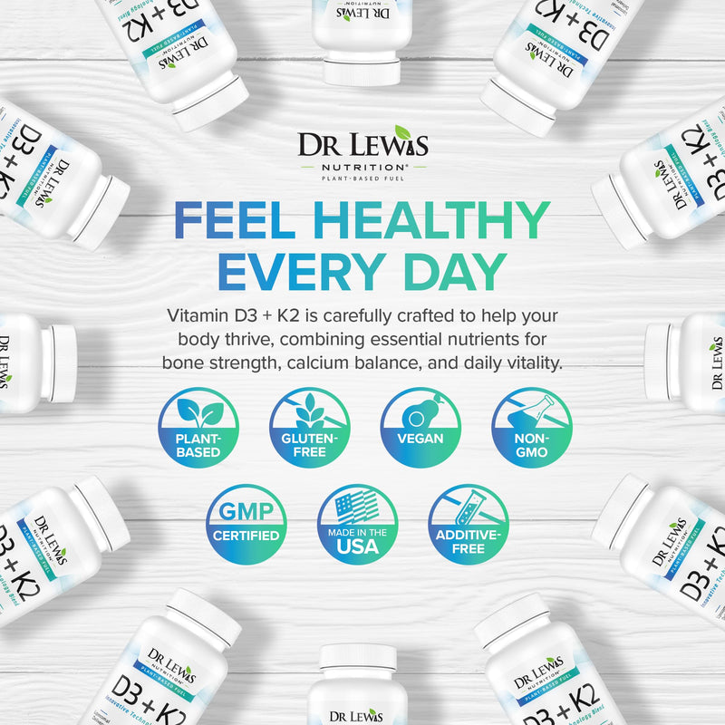 Liposomal Vitamins D3 + K2 Supplement Doctor Formulated Support for Heart, Brain, Bones, and Immune System Sourced from Plant Based Lichen and Natto - Gluten-Free, Non-GMO - 30 Chewable Vegan Tablets