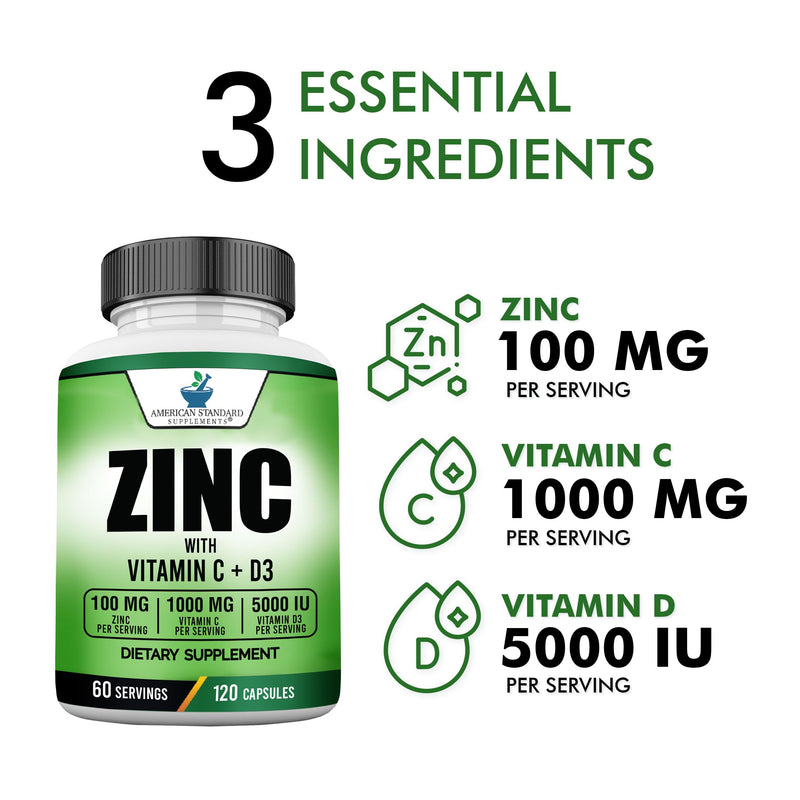 American Standard Supplements Zinc 100mg, Vitamin C 1000mg, and Vitamin D3 5000 IU (125mcg) Per Serving - Gluten Free, Non-GMO, 120 Capsules, 60 Servings 120 Count (Pack of 1) - BeesActive Australia
