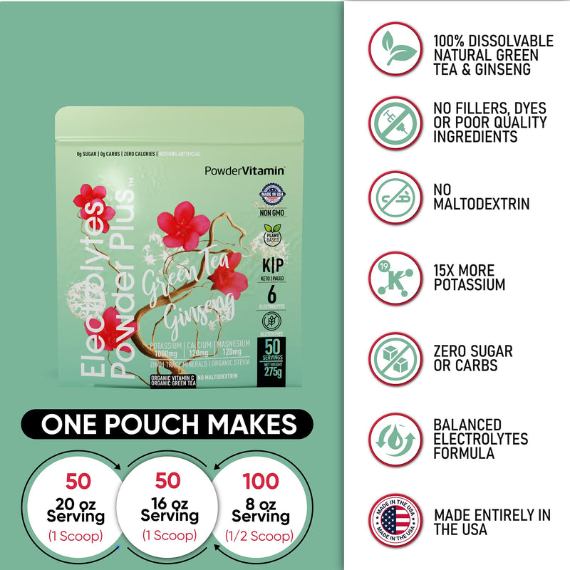 PowderVitamin Electrolytes Powder Plus - 50 Servings - Green Tea Ginseng | Sugar-Free Hydration Powder, 1000mg Potassium, 120mg Magnesium, 120 mg Calcium, Himalayan Salt, Vitamin C & Zinc, USA Made