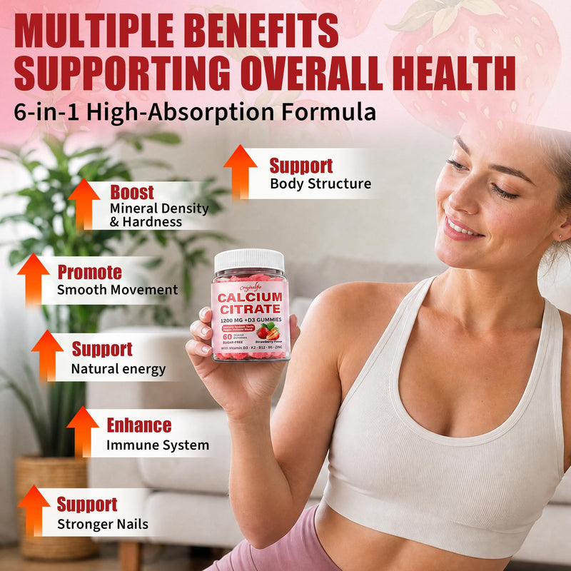 6-in-1 Calcium Gummies 1200 mg with Vitamin D3, K2, Pack of 1 | High Absorption B6,B12 & Zinc, Bone Density & Hormonal Support, Sugar-Free Vegan, Natural Strawberry Flavor