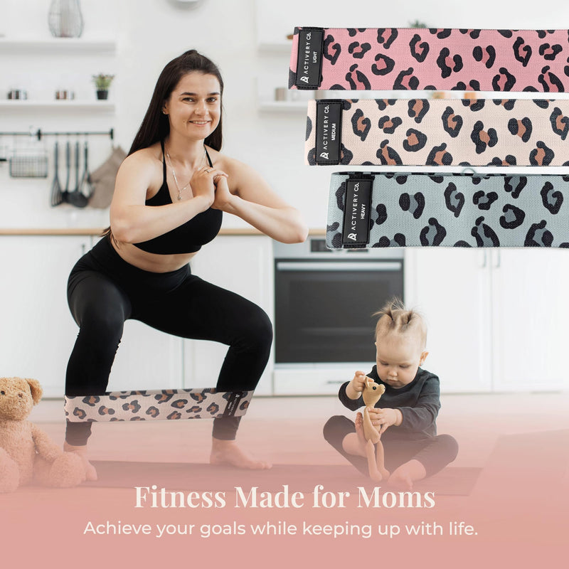 Fabric Resistance Bands for Women – Non-Slip Fitness Tool for Glutes, Legs & Full-Body Training – Ideal for Toning & Recovery – Includes Workout Guide & Travel Bag – 3 Pack Leopard Print