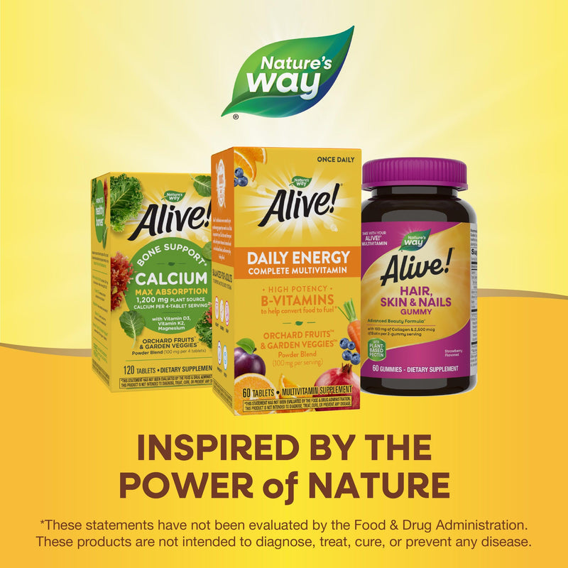 Nature's Way Alive! Adult Complete Multivitamin, B-Vitamins, 100 mg Fruits & Veggies Powder Blend per Serving, Heart, Bone & Immune Support*, Gluten Free, 60 Tablets (Packaging May Vary)