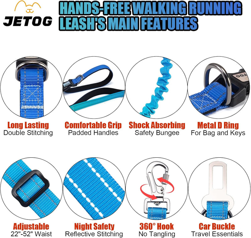 Heavy Duty Hands Free Dog Leash, 5-7 FT Reflective Adjustable Waist Dog Leash Belt with Padded Handles, Shock Absorbing Bungee and Car Seat Belt for Large Medium Dogs (Gradient Cobalt, XL) XL - 3 Handles, 5.4-7.0 FT Length Gradient Cobalt - BeesActive Australia