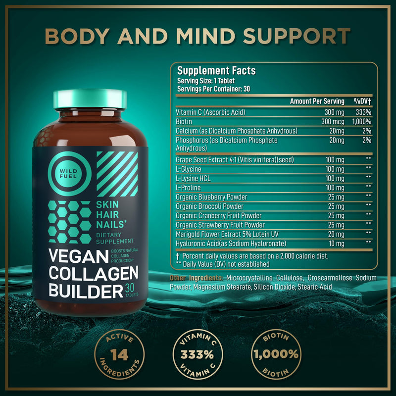 WILD FUEL Vegan Collagen Builder - Biotin, Organic Superfood, Amino Acids Glycine, Lysine, Proline Plant-Based Collagen Booster Supplements - 30 Organic Extract Tablets 30 Tablets (pack of 1)