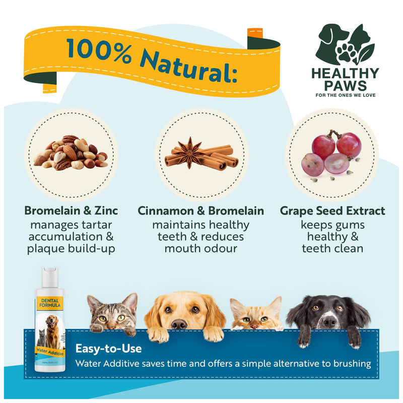 Healthy Paws Dental Water Additive for Dogs & Cats - Supports Clean Teeth, Fresh Breath & Healthy Gums - Plaque & Tartar Control - No Brushing Needed