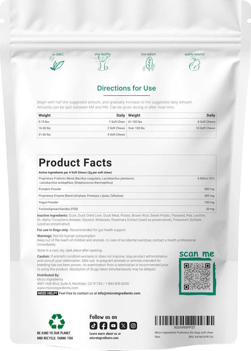Micro Ingredients Probiotics for Dogs, 240 Soft Chews | Daily Digestive Health Probiotic Chews for Dogs with Prebiotics & Enzymes | Supports Gut Flora & Immune Function* | Non-GMO, Duck Flavor