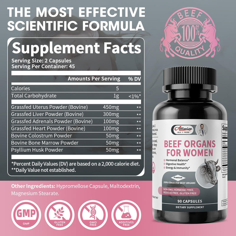 Beef Organ Supplement for Women - Grass Fed Beef Liver Uterus* Adrenals Heart Bone Marrow Colostrum for Female Hormonal* Digestive Energy Immunity Beauty | Non-GMO Gluten-Free (90 Capsules for 45 Day) 90 Count (Pack of 1) - BeesActive Australia