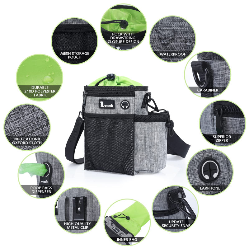 Pecute Dog Treat Pouch, Hands-Free Dog Training Bag with Shoulder Strap Waist Belt Metal Clip and Foldable Bowl, Built-in Poop Bag Dispenser, 3 Ways to Wear Suitable for Training Walking (Grey) Grey + Green Upgrade Large - BeesActive Australia