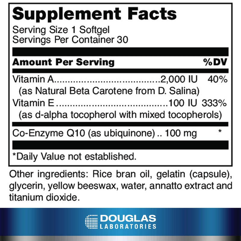 Douglas Laboratories Coenzyme Q10 Plus Vitamin A & E | Supports Energy Production and Proper Functioning of Cells | 30 Softgels | Supports Energy Production and Proper Functioning of Cells*, Cellular Energy, Dietary Supplement, Non-GMO