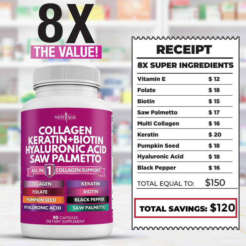 NEW AGE Collagen Pills Biotin Keratin Saw Palmetto Hyaluronic Acid - Hair Skin and Nails Vitamins and DHT Blocker with Vitamin E Folic Acid Pumpkin Seed MSM- 90 Count 90 Count (Pack of 1)