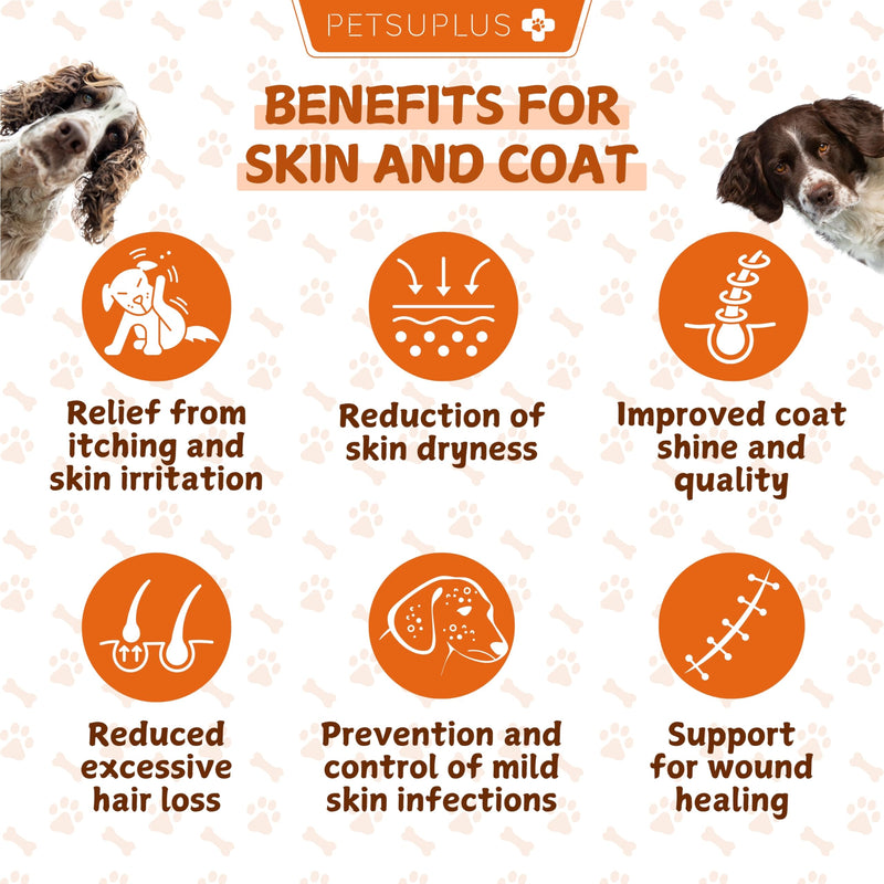 Skin & Coat. Dog Supplements & Vitamins with Salmon Oil for Dogs UK. Prevents and Improves Symptoms such as Itching, Dry Skin, Irritation, Hair Loss, and Irritability. 120 soft chews