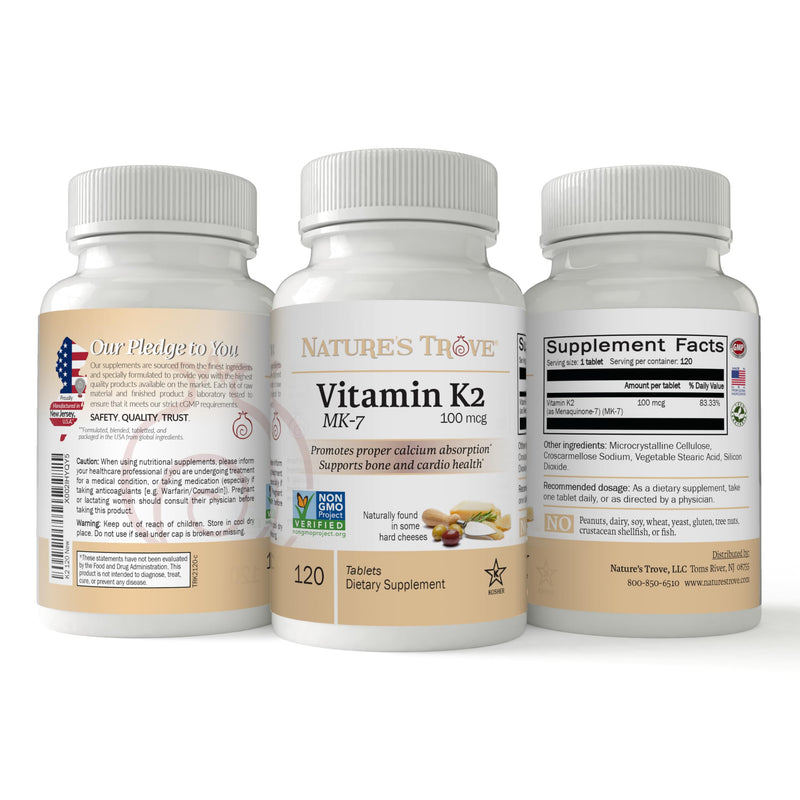 Nature's Trove Vitamin K2 MK7 Supplement, 100mcg, 120 Count, Vegan 120 Count (Pack of 1)