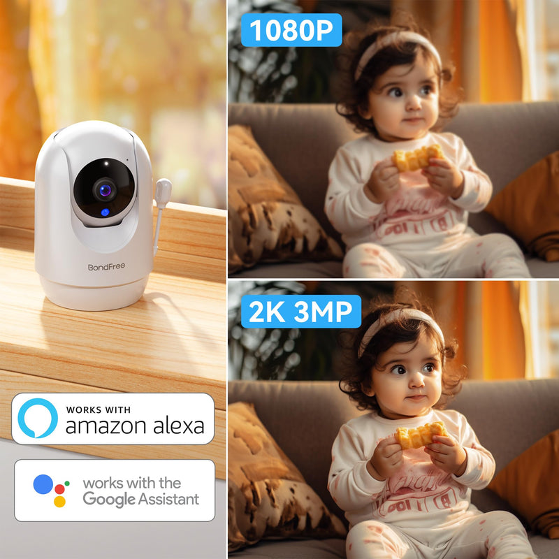BondFree Baby Monitor with Camera and Audio, 2K Smart Baby Monitor with App,Temperature& Humidity,2-Way Talk,Night Vision,14 Lullabies,Cry & Motion Detection,4X Zoom-2.4Ghz WIFI Baby Monitor - BeesActive Australia