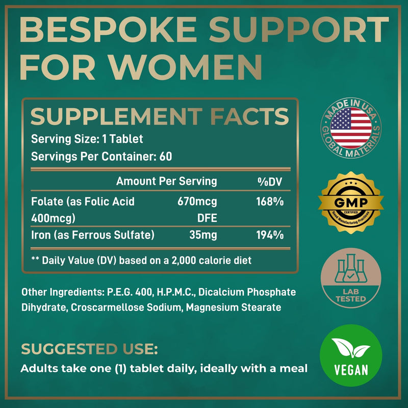 Iron Supplement for Women with Folic Acid - 35 mg Blood Builder Ferrous Sulfate, Folic Acid 400 mcg - Iron Pills for Women with Anemia & Pregnancy Support - 60 Gluten-Free, Vegan Vitamin Tablets 60 Count (Pack of 1)