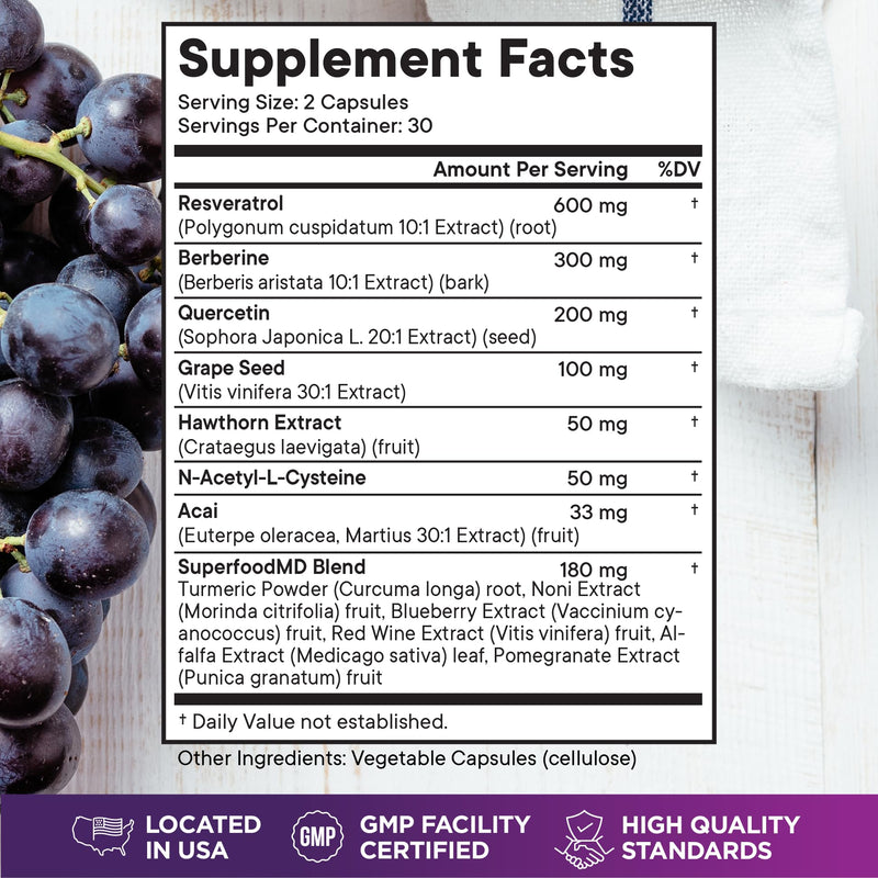 Resveratrol Berberine Grape Seed Extract Quercetin - Polyphenol Supplement with Noni Extract, N-Acetyl Cysteine, Acai Extract - Made in The USA - 120 Capsules 120 Capsules (Pack of 2) - BeesActive Australia