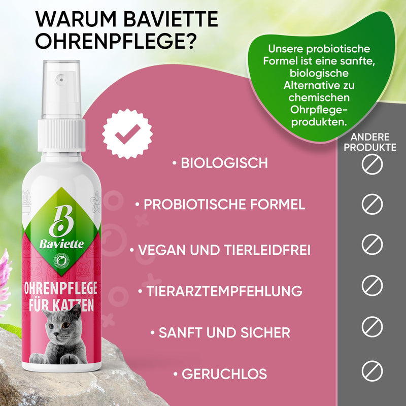 Baviette Cat Care – 100 ml Natural Ear Cleaner for Cats – Care Spray with Microorganisms, Probiotic-Inspired – For Outer Ear Care – Odourless, Alcohol-Free & pH-Neutral
