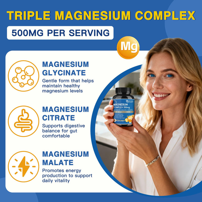 NATURE TARGET Triple Magnesium Complex 500mg, 120 Vegan Capsules | Chelated Glycinate, Malate, and Citrate with Zinc and Vitamin D3 for Muscle, Nerve, Bone, and Immune Support 120 Count (Pack of 1)