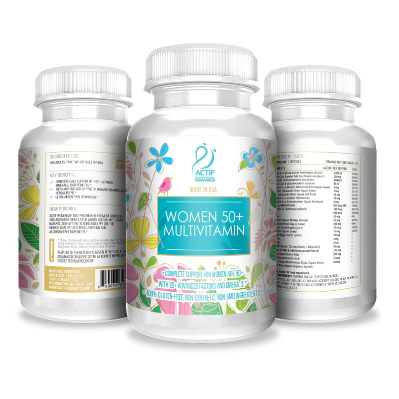 ACTIF Organic Multivitamin for Women Age 50+ with 20+ Advanced Factors and Omega-3, Non-GMO, Made in USA, 90 Count