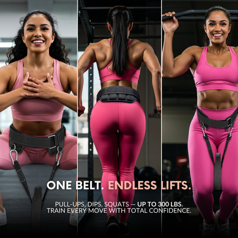 Women’s Dip Belt for Weighted Pull-Ups, Squats & Dips – Curve-Hugging Fit for 28"-44" Waists – 2 Straps + Carabiners – Comfortable Back Support, Up to 300 lbs.
