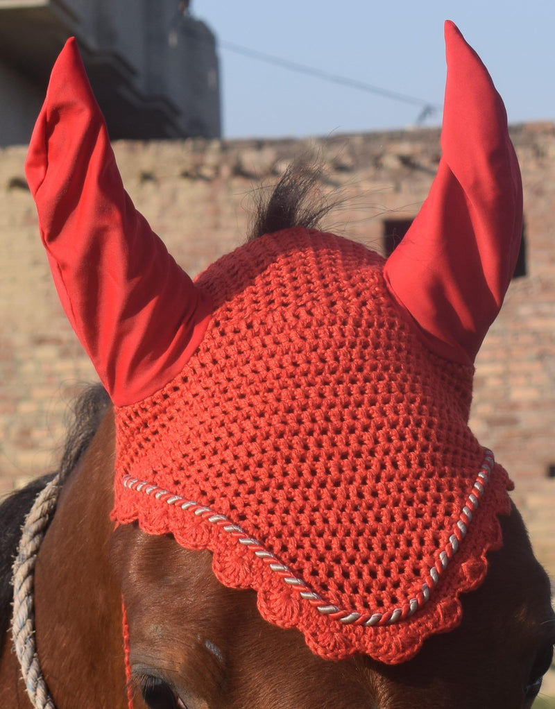 Horse Ear Bonnet Ear Net Hat Fly Bonnet Hood Mask Fly Veil Full Hand Made Cotton (Horse/Full, RED) Horse / Full - BeesActive Australia
