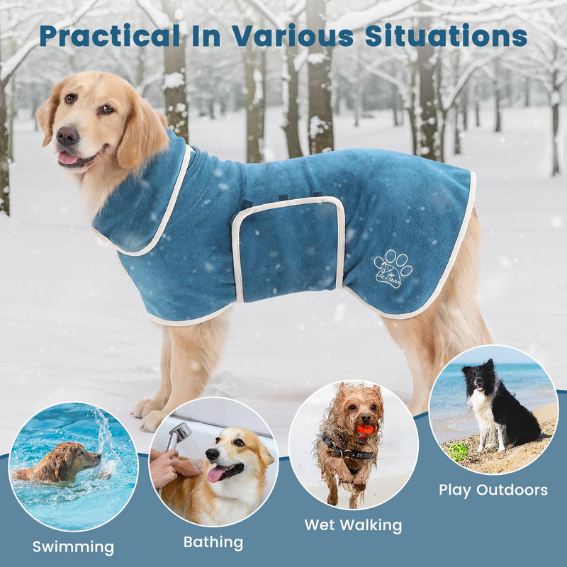 PETTOM dog bathrobe, dog bathrobe with high collar, dog bathrobe for large, medium and small dogs, dog bathrobe microfiber with Velcro fastener (blue, L) blue - BeesActive Australia