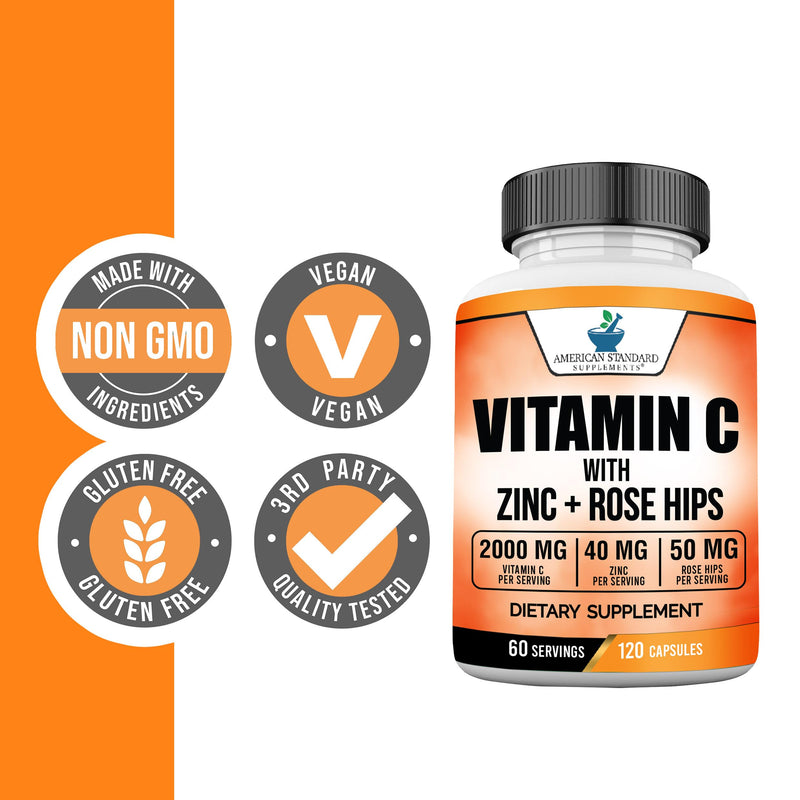 American Standard Supplements Vitamin C 2000mg, Zinc 40mg, and Rose HIPS 50mg Per Serving – Vegan, Gluten Free, Non-GMO, 120 Capsules, 60 Servings - BeesActive Australia