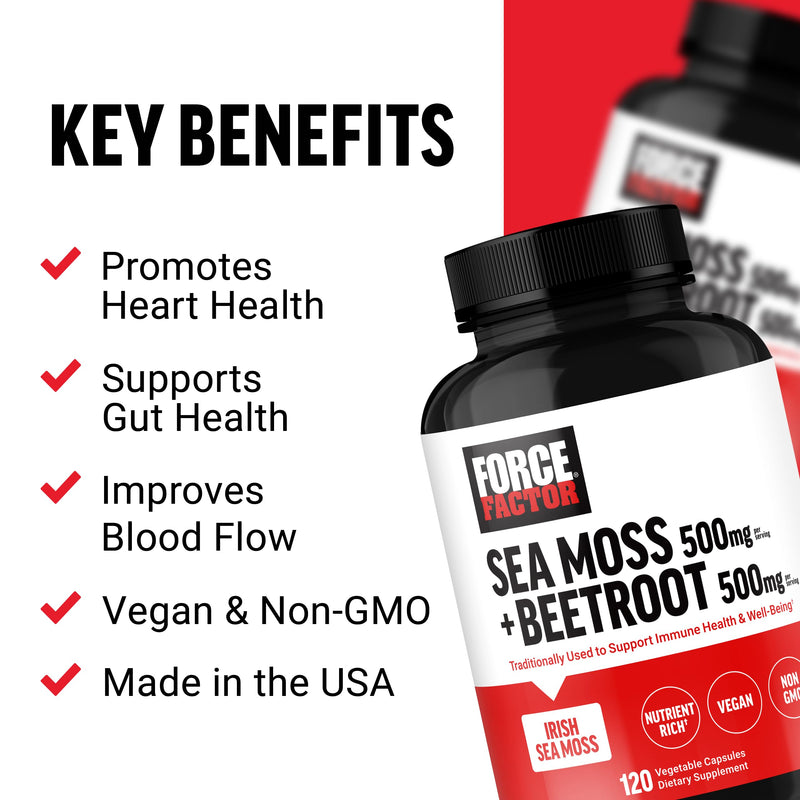 Force Factor Irish Sea Moss + Beet Root Supplement | Support Immune Health, Circulation, Natural Energy & Heart Health, with Antioxidants, Non-GMO, 120 Vegetable Capsules