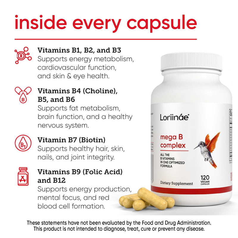 Mega B Complex with B12, Folate & Myo-Inositol | 120 Vegan Capsules | All 8 B vitamins plus myo-inositol and choline for energy, metabolism and nerve support